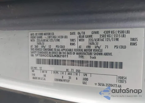 2018 Ford Transit-350 z USA, uszkodzony, nr VIN 1FTBW2CG3JKB21011